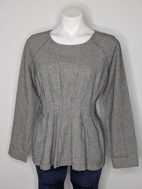 Modern Vintage Black White Houndstooth Peplum Linen Cotton Top M